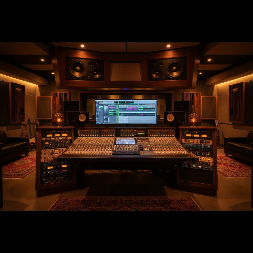 Professional audio mixing console with studio monitors and DAW