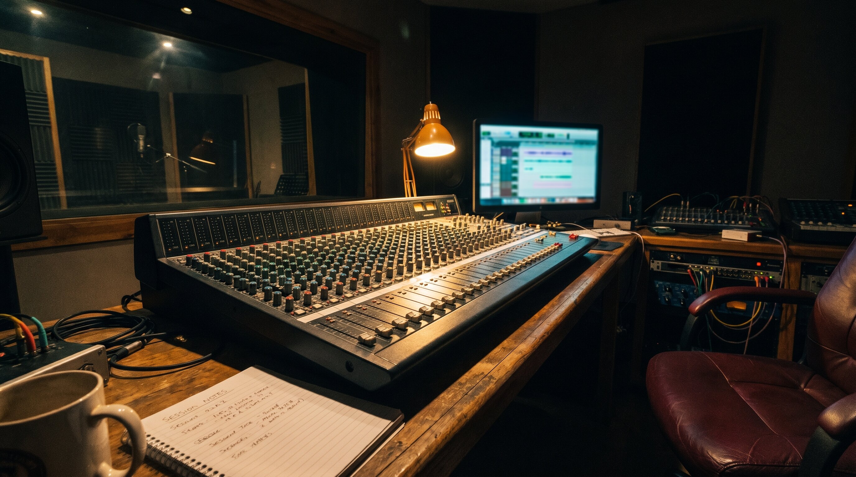 Close-up of mixing console during recording session